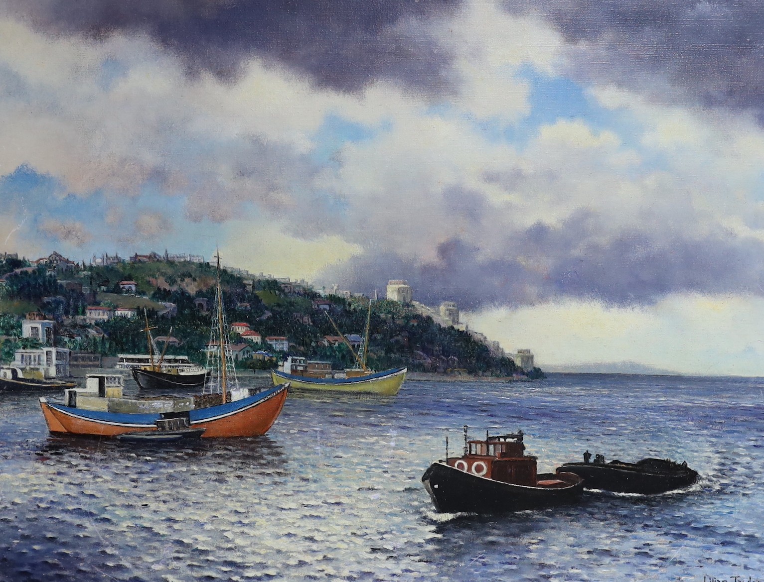Lilian Taylor, oil on canvas, 'Storm clouds over the Bosphorus', signed, 44 x 59cm